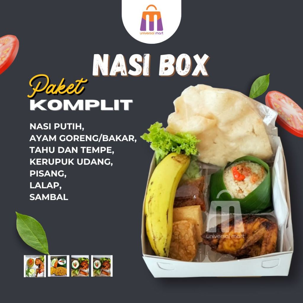 

Nasi Box Paket Menu Bervariasi ayam bakar, kremes, lada hitam, cabe ijo, geprek