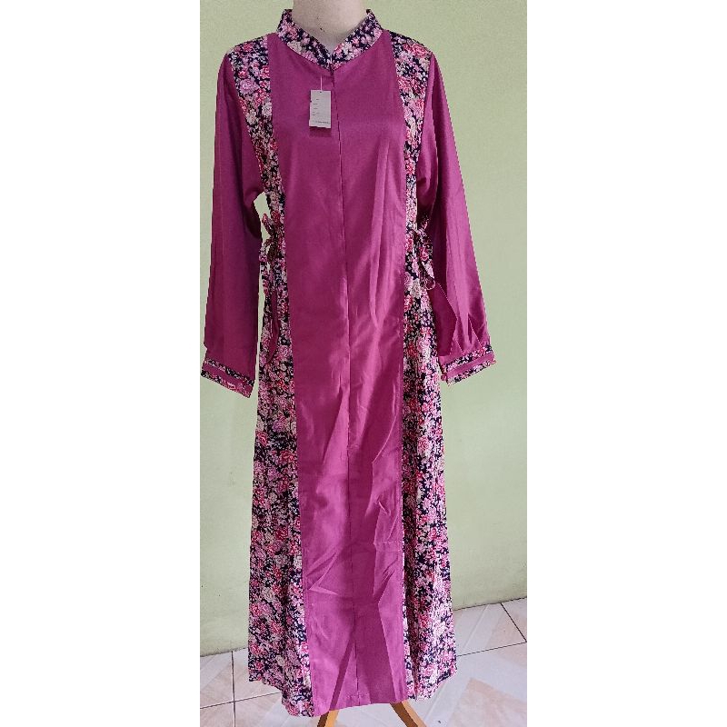 Gamis Katun Jepang Motif Bunga Kombinasi Polos Dress Adem