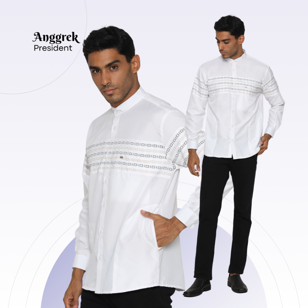 Anggrek President Baju Koko Muslim Dewasa Putih Lengan Panjang Premium