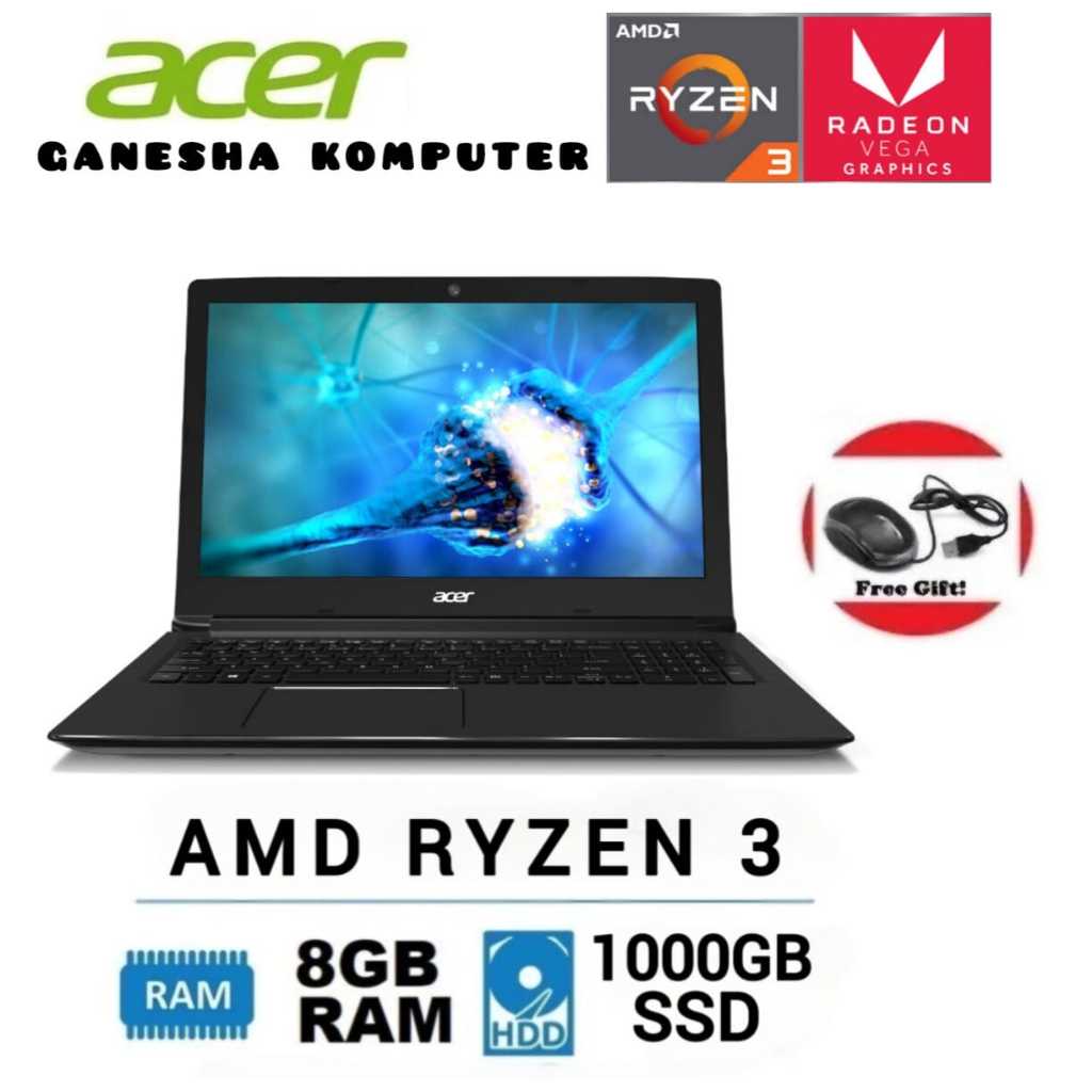 MURAH...Laptop ACER A315 Ryzen 3 GAMING RAM 8GB SSD 1000GB (free mouse)
