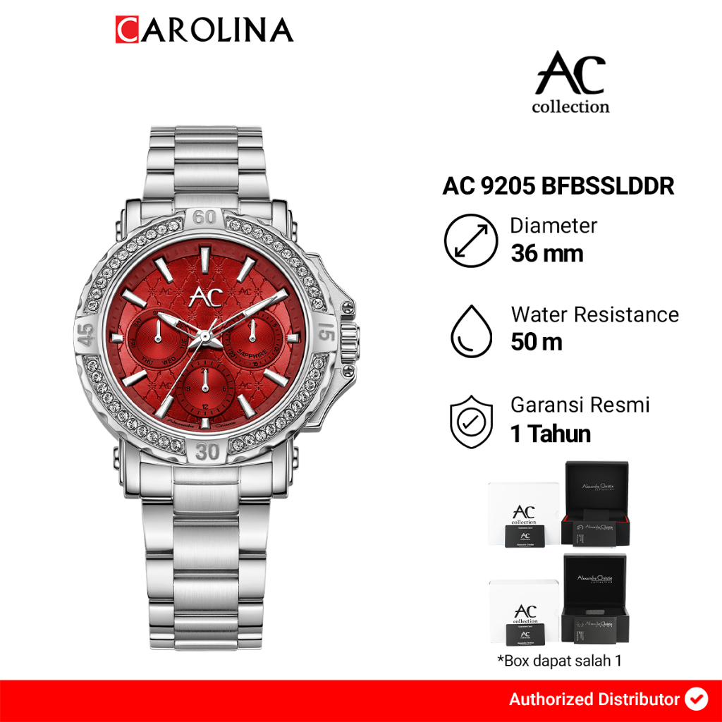 Jam Tangan Wanita Alexandre Christie Chronograph AC 9205 BFBSSLDDR Red Dial Silver Stainless Steel S