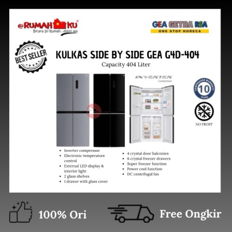 GEA KULKAS 4 PINTU G4D 404R INOX NO FROST/GEA KULKAS 4 PINTU KAPASITAS 404L/KULKAS NO FROST INVERTER