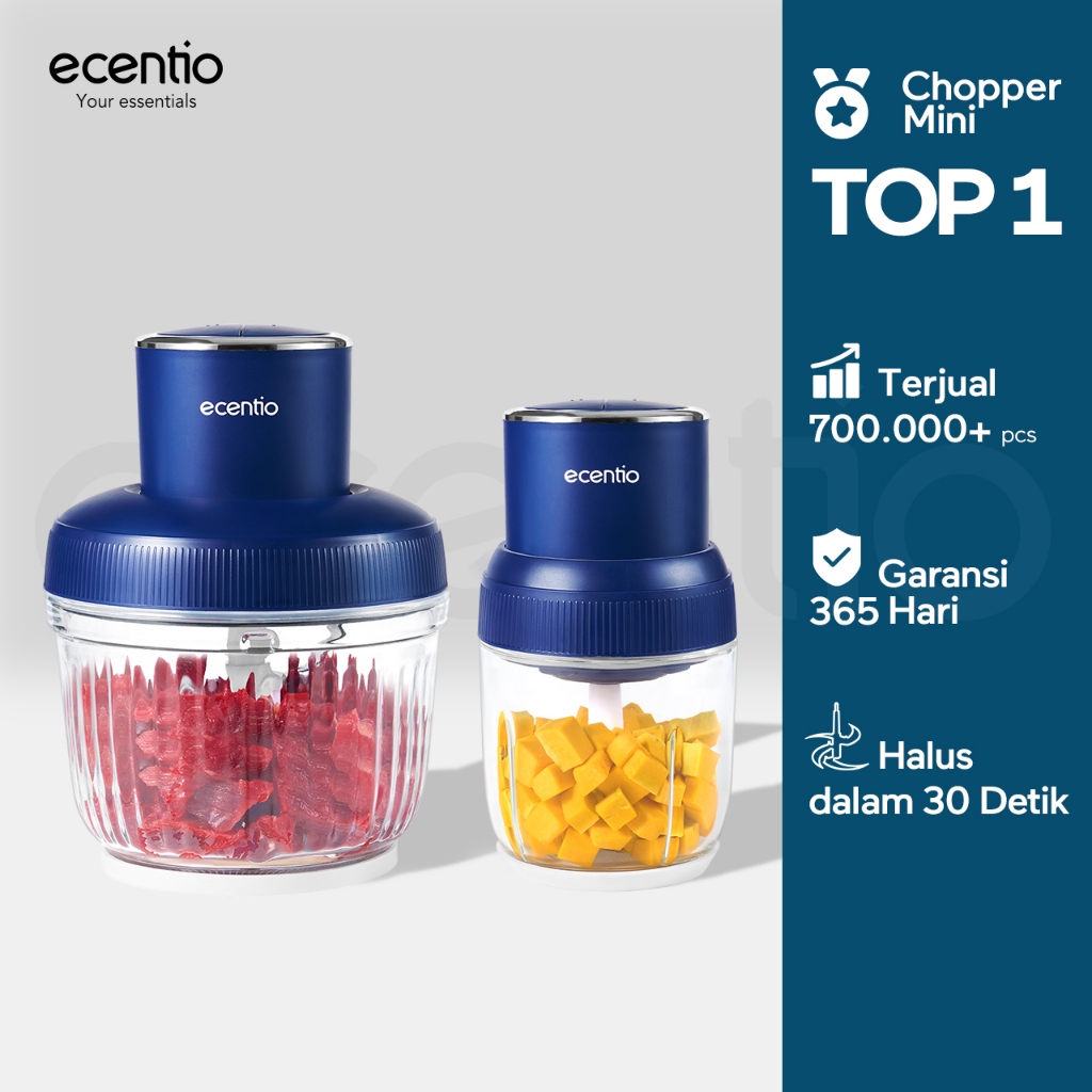 Ecentio 5 in 1 Chopper Blender Biru 1L, Pengolah Makanan Multifungsi dengan Kunci Pengaman dan Proteksi Overload