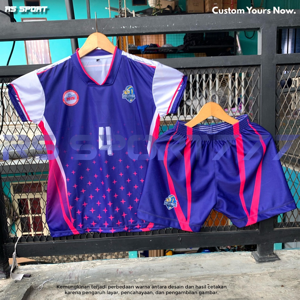 Jersey Voli Cewek Kaos Voli Wanita Full Printing Navy Garis Merah Putih