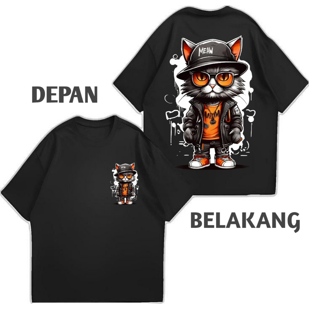 pakaian pria baju lengan pendek kaos distro kaos pria motif gambar besar depan belakang kucing 002