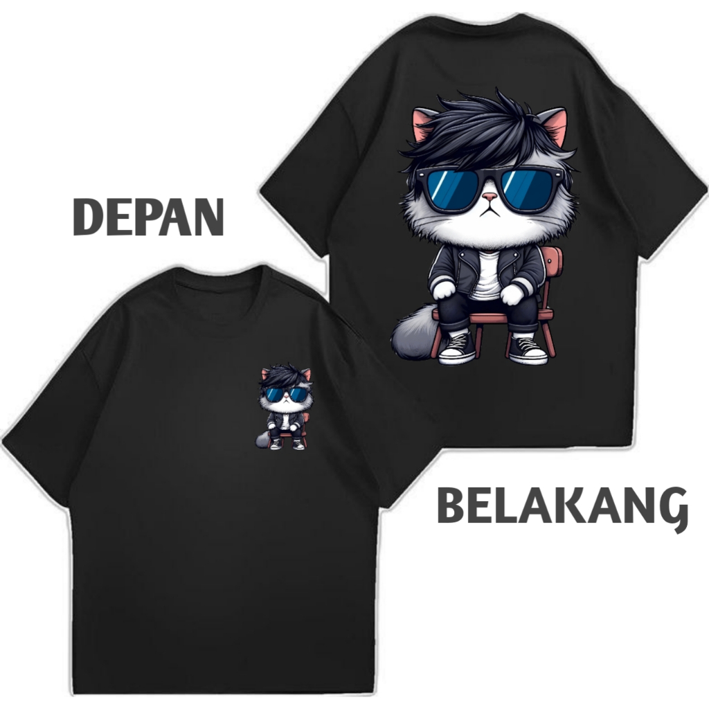 pakaian pria baju lengan pendek kaos distro kaos pria motif gambar besar depan belakang kucing 003