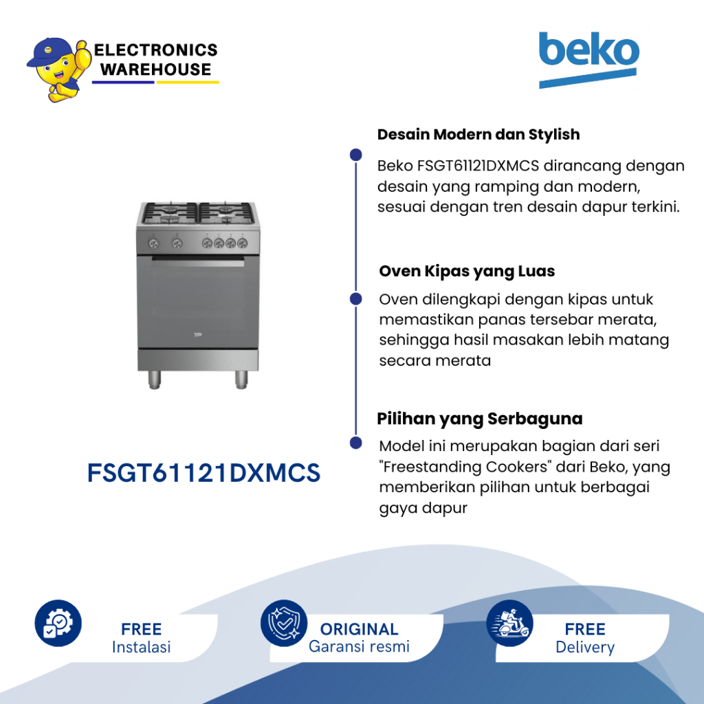 Beko Kompor Freestanding FSGT61121DXMCS 60cm - Beko FSGT 61121 DXMCS