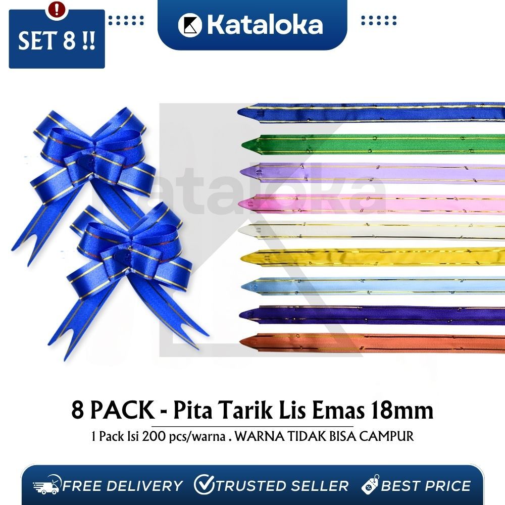 

(PAKET 8 Bungkus) isi 1600 Pcs Pita TARIK LIS EMAS 18 mm Serut Parcel Kado Souvenir GOLD STRIPE LACE 18 mm