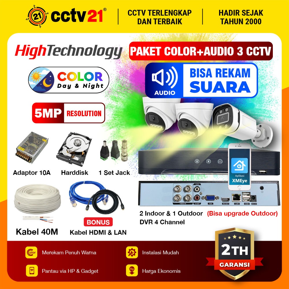 Paket CCTV 3 Camera 5MP Colorvu + Audio Full Color dan Rekam Suara