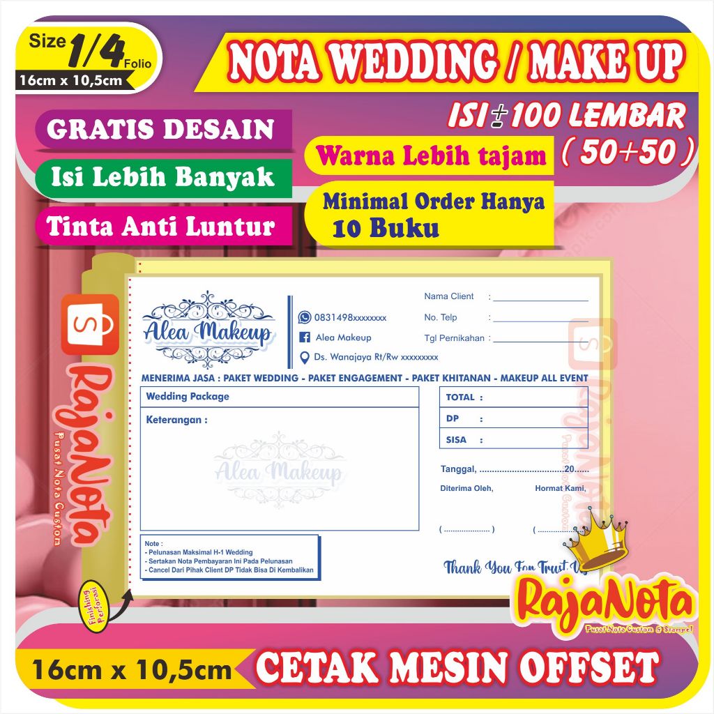 

Nota Wedding / Kwitansi Wedding Custom Request Nama Toko 1/4 Folio 2 Rangkap Gratis Desain Isi 100 lbr