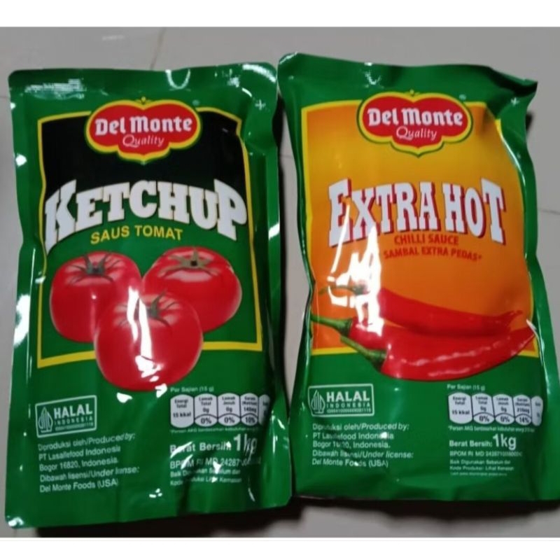 

tomato ketchup sauce saus tomat saus sambal cabe cabai extra hot pedas Del Monte delmonte kemasan pouch 1 kg bahan pasta