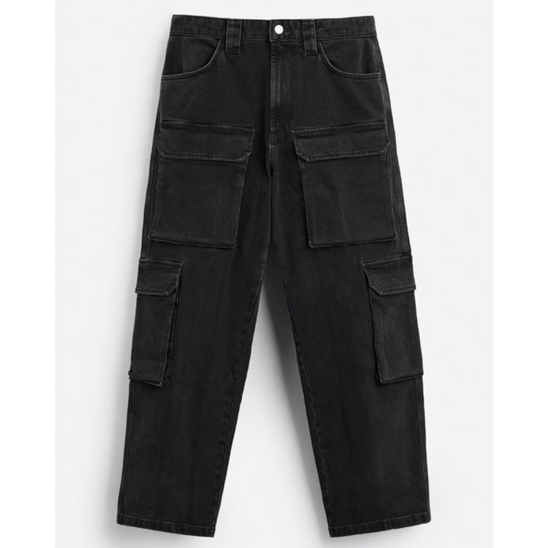 ZARA Men Cargo Pocket Trousers Celana Panjang Denim Pria Black