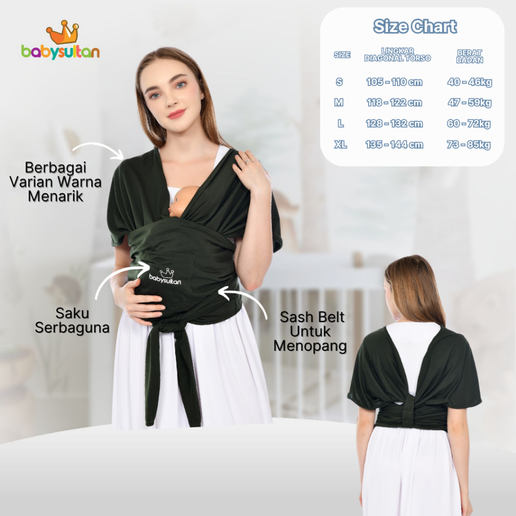 Baby Sultan - Gendongan Bayi Depan 3in1 - Instan Baby Wrap Premium dengan Sash Belt  Bentuk M Shape