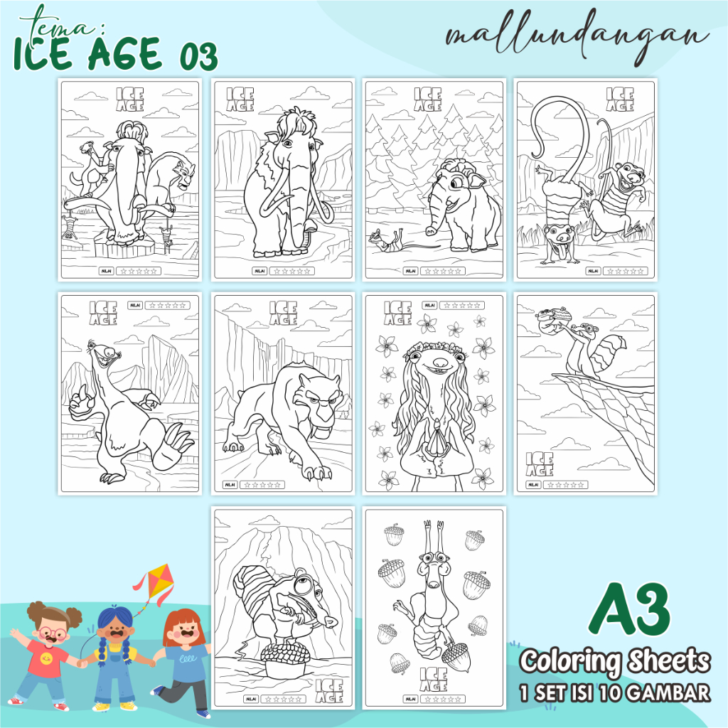 

LEMBARAN MEWARNAI ANAK A3 ICE AGE 03 - TEMA - PAPER COLORING SHEETS FOR KIDS