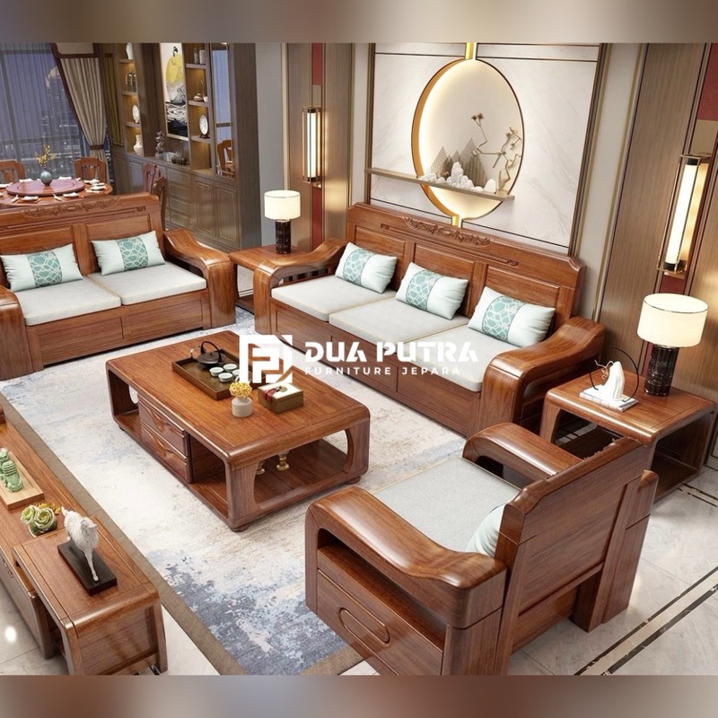 kursi sofa tamu minimalis kayu jati tanganan jumbo