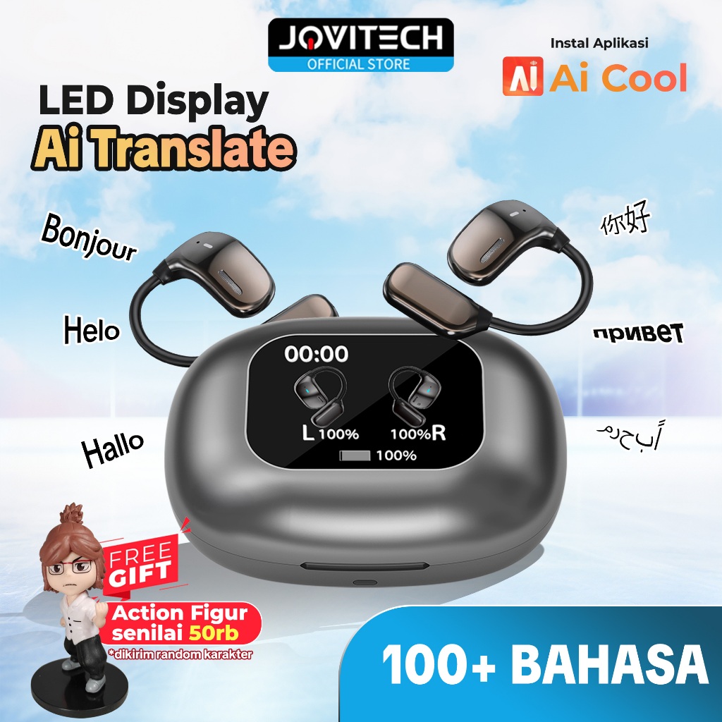 Jovitech EP76X Wireless OWS Smart Chip Ai Translation Headset Translate 150 Bahasa Bluetooth 5.4 Ear