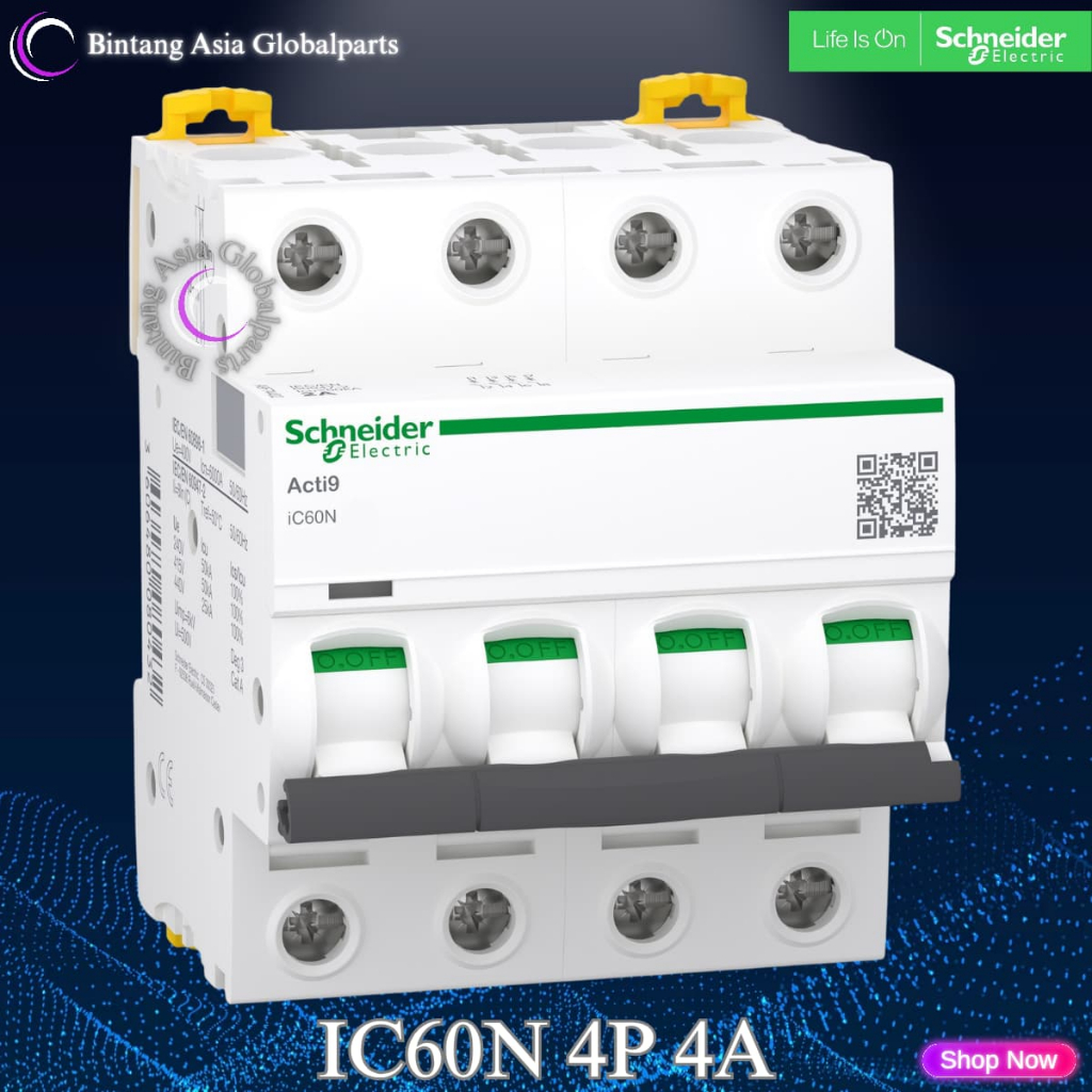 MCB 4p 4a Schneider iC60N Original / MCB 4 Phase 4 Ampere A9F74404 / MCB 4 Pole 4a 6kA