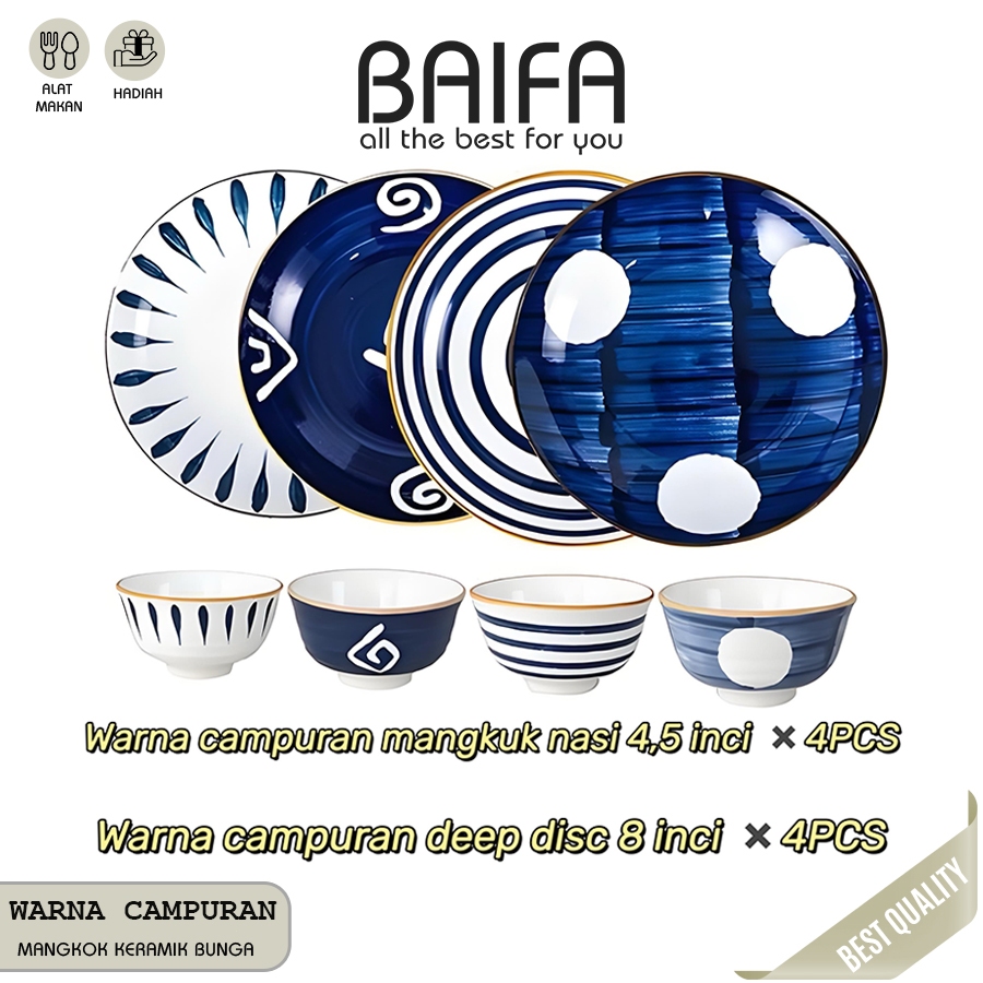 BAIFA - SET 8 Piring & Mangkuk Makan Keramik Saji Motif Jepang Tahan Panas / Piring Sultan Mewah