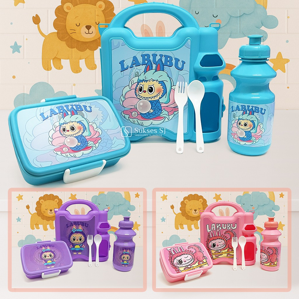 *(AJ) Kotak Makan Lunch Box Set Botol Minum Karakter Sanrio dan Labubu Lucu