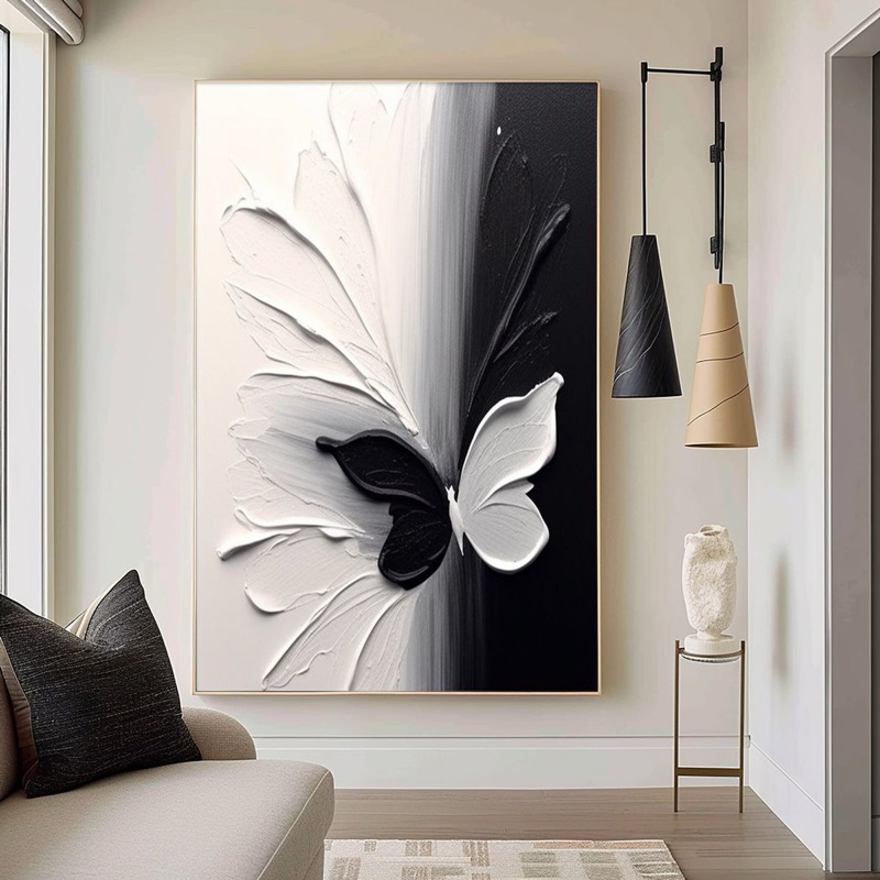 Lukisan dinding abstrak kanvas modern || tekstur tebal || Lukisan dinding kupu kupu 1 hitam putih