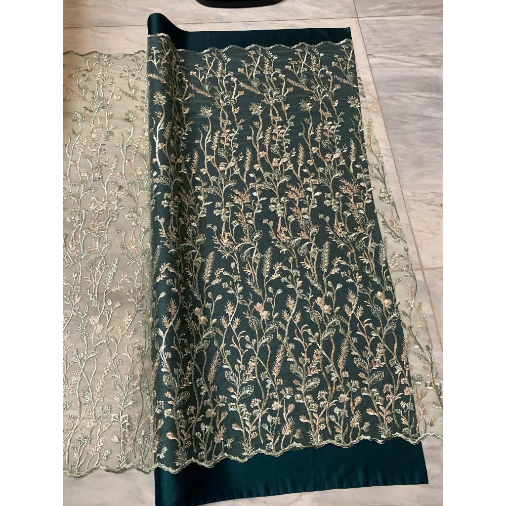 1/2 Meter Brokat Tile Bordir Two Tone Motif Bunga Daisy Series Warna Sage Green Bahan Kain Kebaya