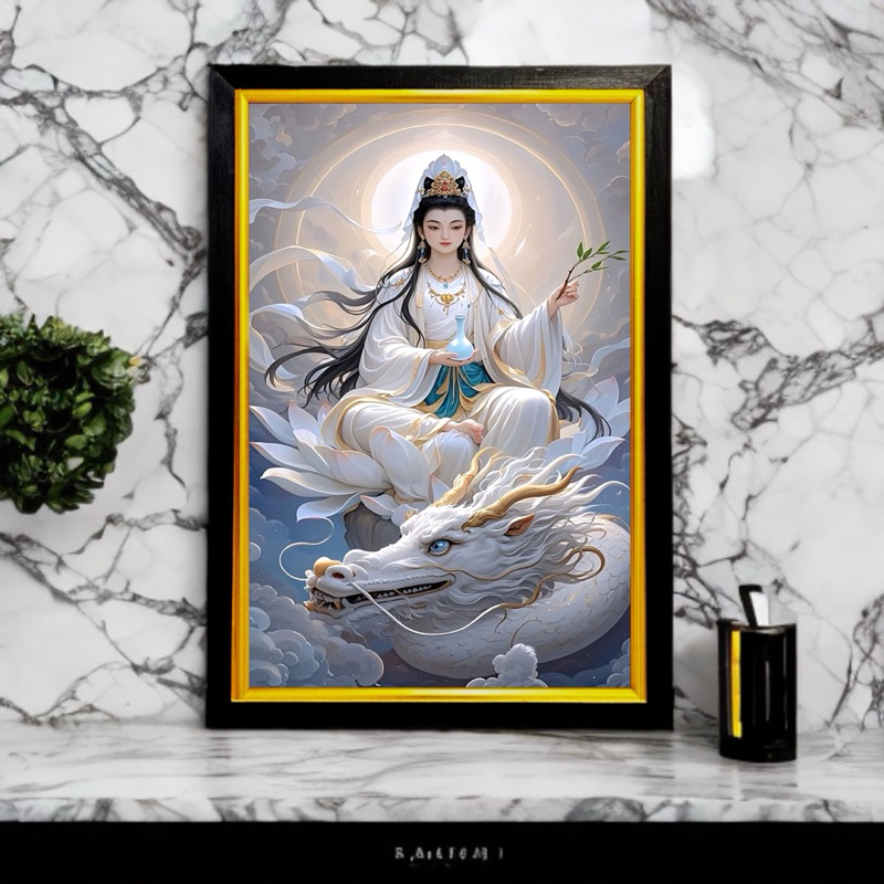 hiasan dinding lukisan cetak gambar dewek kwan’im bersama naga putih plus binkai cantik