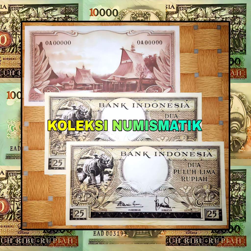 SOUVENIR REPRO UANG KERTAS KUNO INDONESIA 25 RUPIAH SERI HEWAN BADAK 1957