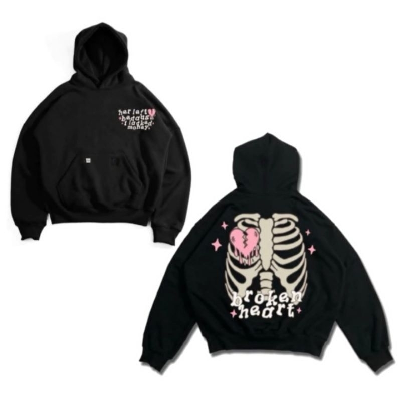 Hoodie Boxy Oversize Starboy Distro Unisex Fit Broken Heart Sweater Hitam Cowok Jumper Keren