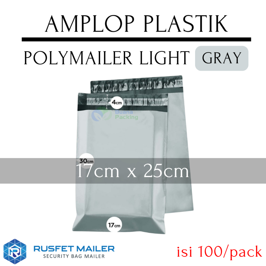 

RUSFET AMPLOP PLASTIK POLYMAILER POLIMAILER PACKING ONLINE SHOP LIGHT GRAY PER PACK 17x25