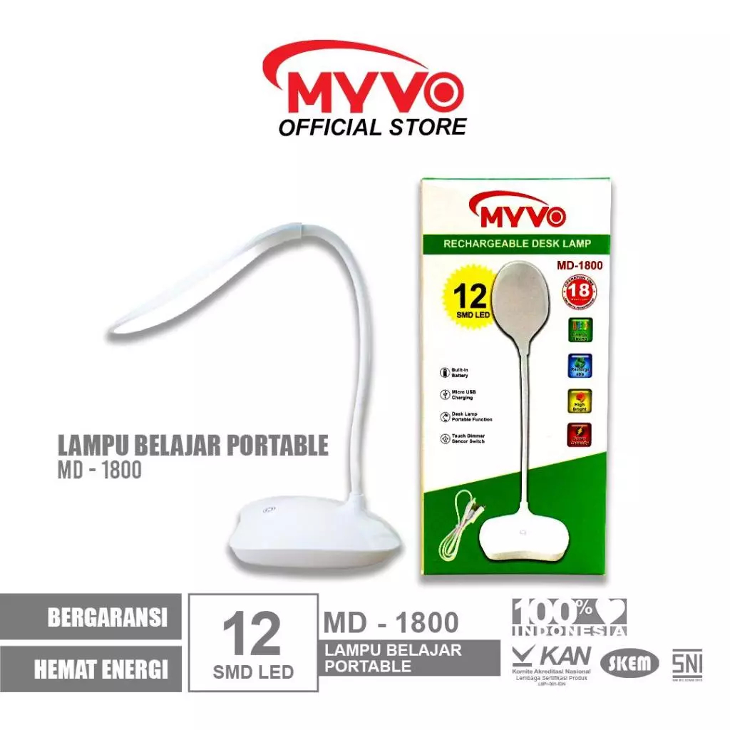 Lampu Meja Belajar Baca Duduk Portable LED MYVO Sentuh MD-1800 Rechargeable