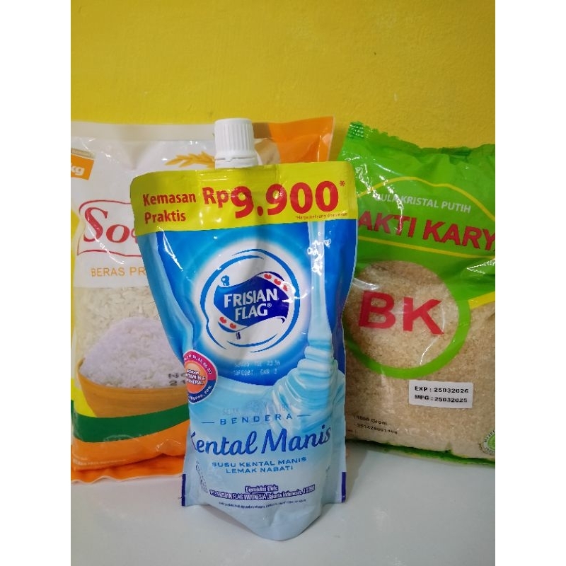 

Sembako paket hemat 1 (beras premium Sovia 1kg+gula pasir BK 1kg+SKM pouch 260g)