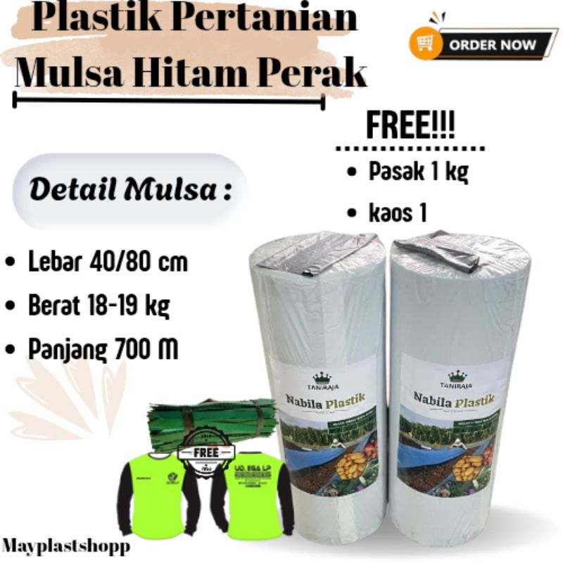 Plastik Pertanian Mulsa Hitam Perak 40/80cm Kualitas Super, Panjang 700 meter free kaos + pasak