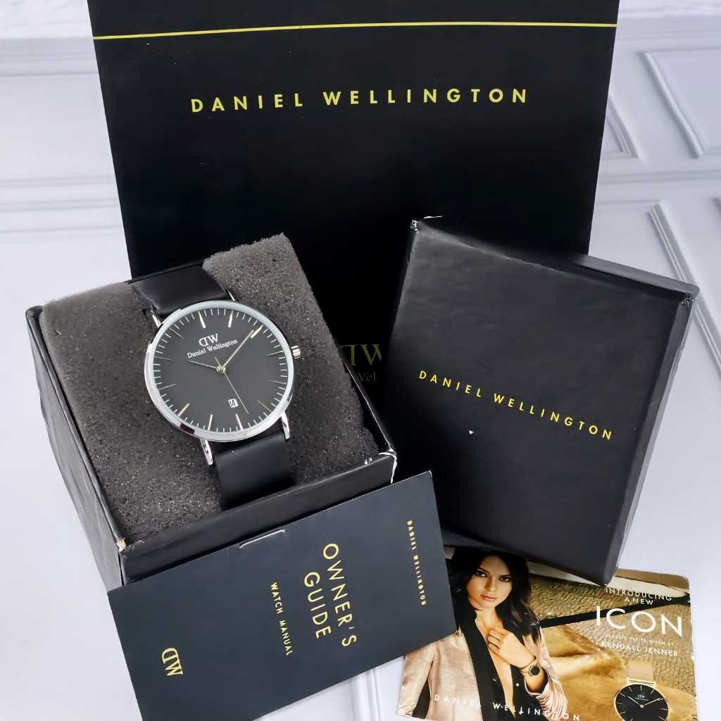 Box Exclusive Jam Tangan WD Bulat VA-975PA / Jam Tangan Fashion Pria & Wanita Tali Kulit Diameter 4c