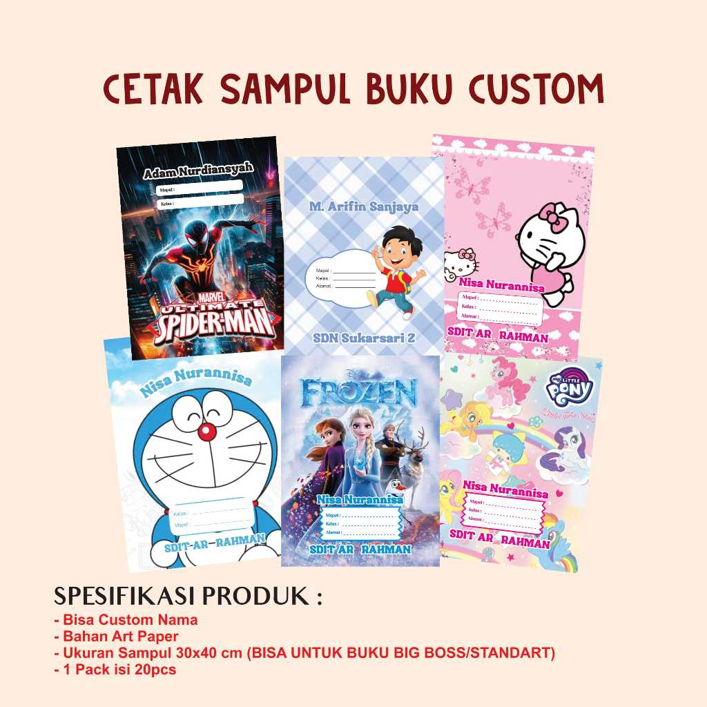 

SAMPUL BUKU CUSTOM NAMA/SAMPUL BUKU KARAKTER BUKU BIG BOSS & STANDAR