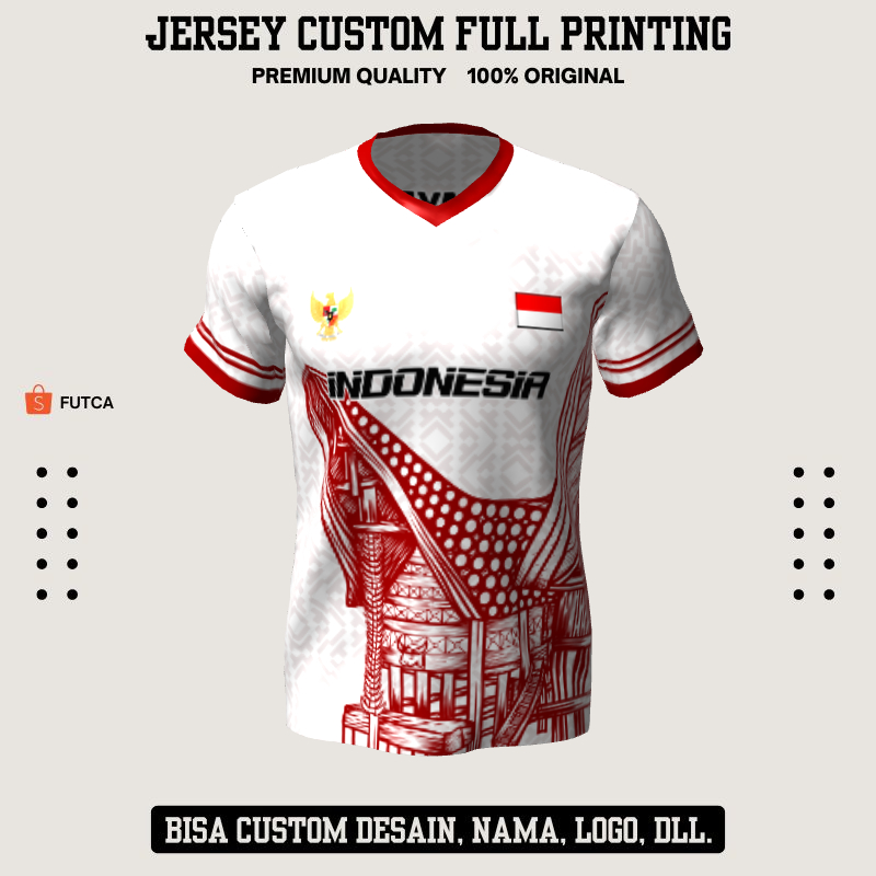 Kaos Jersey Futsal Putih Merah Motif Batik Rumah Adat 413 - Jersey Baju Olahraga Custom