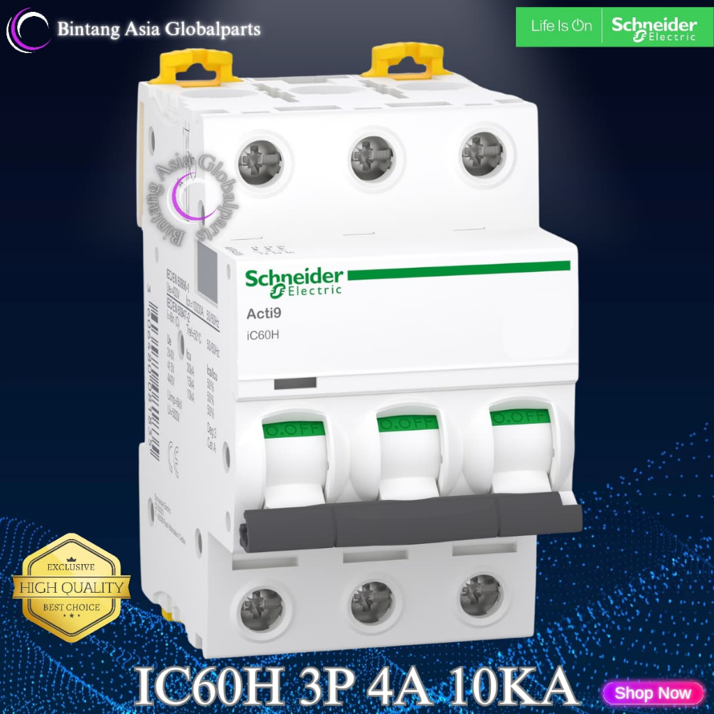 MCB 3p 4a Schneider iC60H Original / MCB 3 Phase 4 Ampere A9F84304 / MCB 3 Pole 4a 10kA