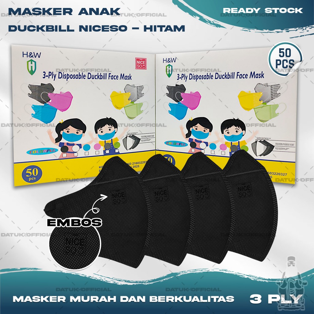 Masker Anak Duckbil NICESO 3Ply isi 50Pcs Warna Hitam Black Duckbill 3 Ply Earloop Surgical Mask Kem