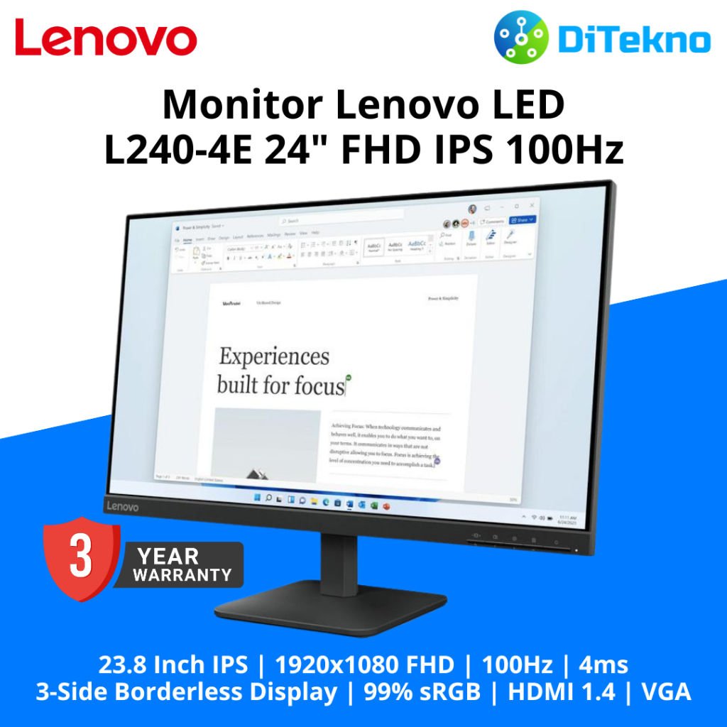 Monitor Lenovo L240-4e 24 inch FHD IPS 100Hz