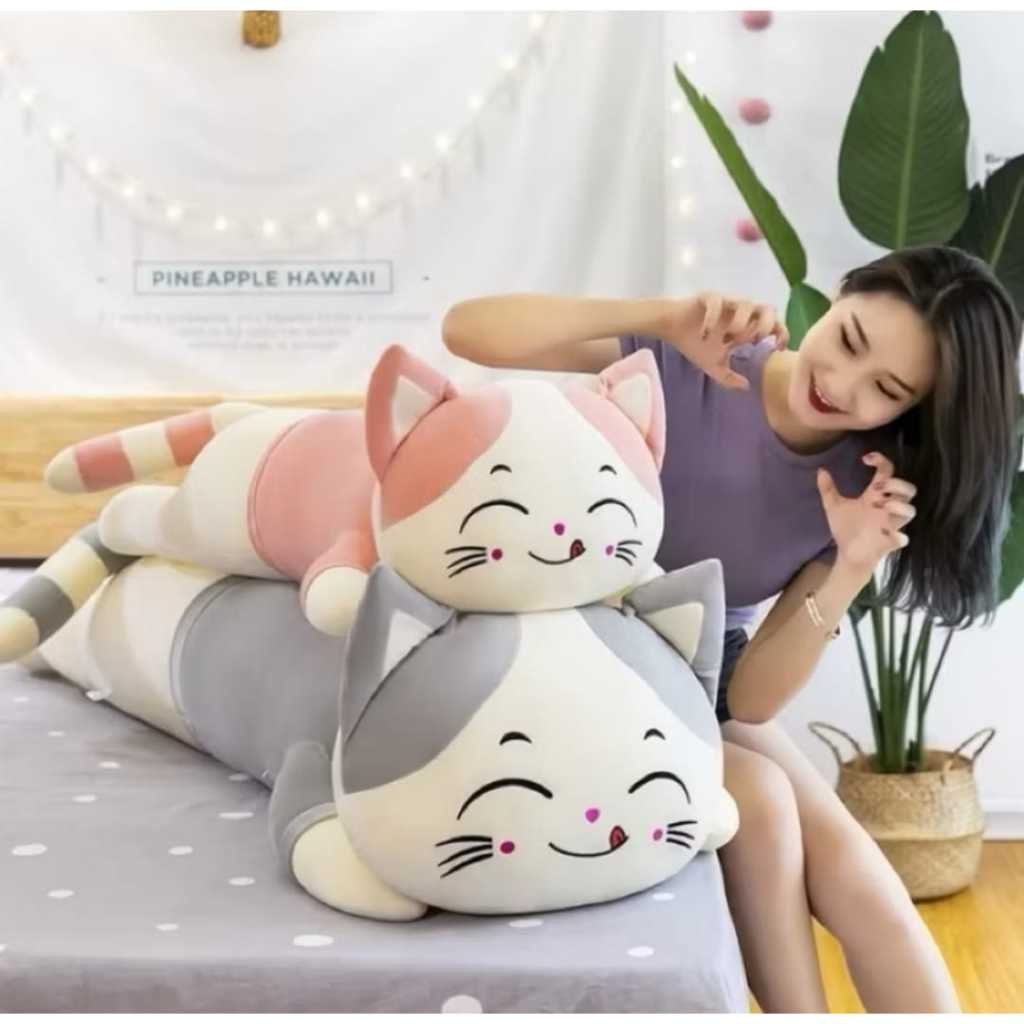 Bantal Guling Kucing Lying Jumbo Bahan Plush Premium Lembut Kado Gift Hadiah Anak