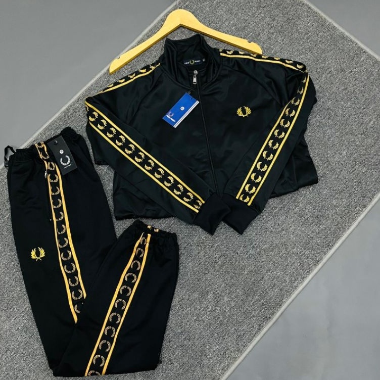 KODE I72O 1Set Jaket Track Top Dan Track Pant Fred Perry Hitam Aplikasi Gold Full Tag