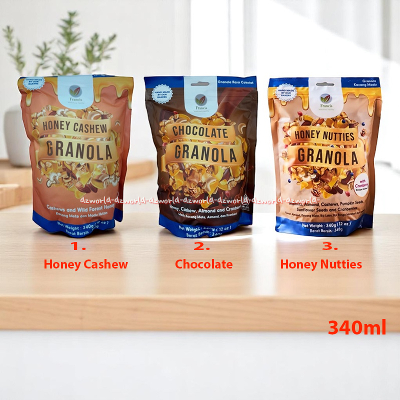 

Francis 340gr Chocolate Granola Honey Cashew Chocolate Honey Nutties Granola Organik Cemilan Sehat