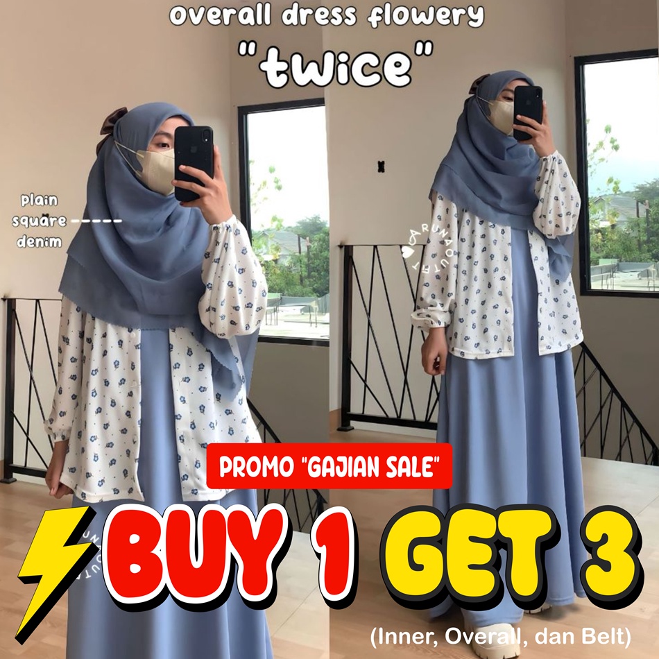 KODE M34Y ArunaOutfit  Korean Overall Flower 1Set Inner Kemeja  Overall Dress  Belt OneSet Dress Rem