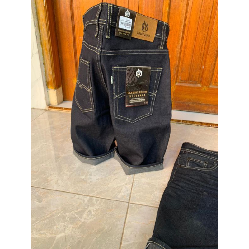 celana pendek Selvedge accent 15oz raw denim Sanforize
