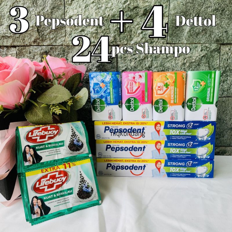 PAKET MANDI 3 PEPSODENT 90 gr + 4 DETTOL 60 gr + 24 pc SHAMPOO