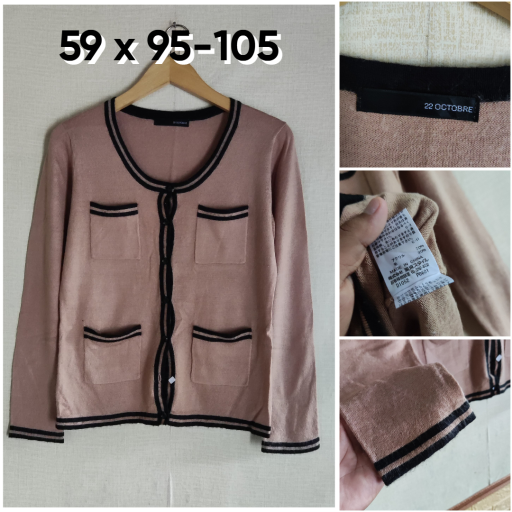 Cardigan 22Octobre Coklat Lis Hitam O Neck Size M Wanita Atasan Cewek Outer Knit B165
