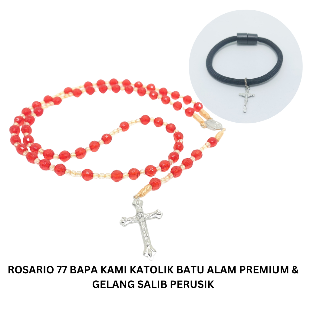 Kalung- Rosario katolik- Akrilik Merah Aesthetic & Gelang Salib Bahan Perusik