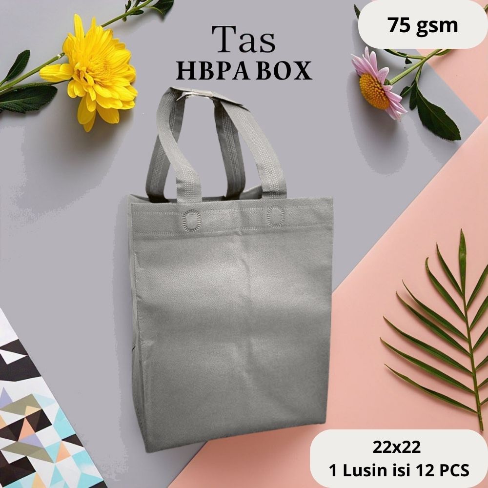 

Tas punbond goodie bag HBPA BOX PRESS (1 Lusin isi 12 PCS) Ukuran (22x22) GSM 75 Tas Spunbond / Goodie bag/ Tas Besek