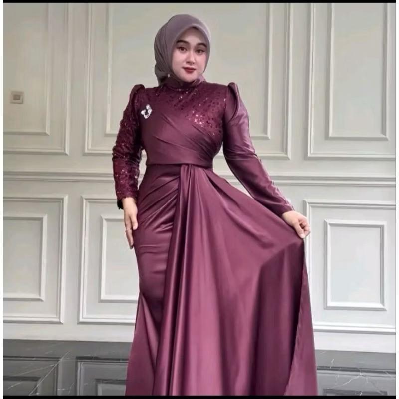 COD Amora Dress Satin Mix Tile Squin Premium Gaun pesta Wanita Terbaru 2026 Model Polos Desain Elega