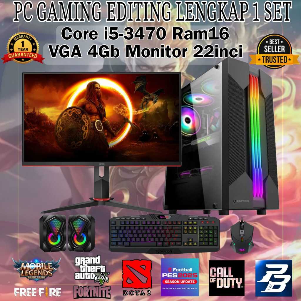 PC GAMING EDITING CORE I5-3470 RAM 16 VGA 4GB MONITOR 22IN LENGKAP 1SET SIAP PAKAI