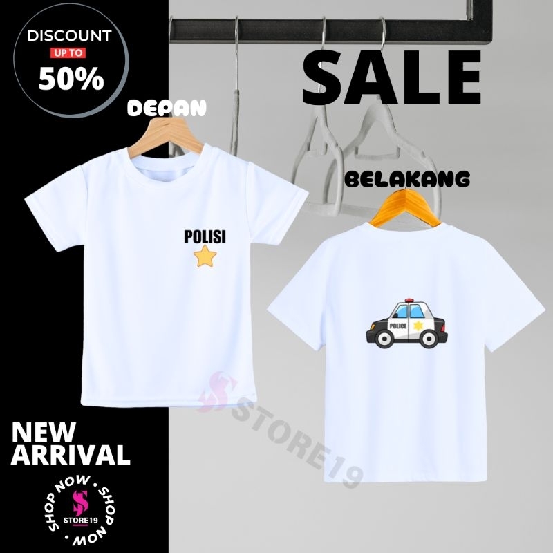 KAOS ANAK LOGO DEPAN BELAKANG MOTIF MOBIL POLISI, BAJU ANAK UNISEX, DISTRO, TSHIRT, ATASAN ANAK 1-9 